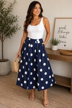 Boutique Polka Dot Pleated Midi Skirt
